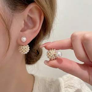 French Light Luxury Hollow Sphere Cluster Artificial Pearl Earrings With 925 Sterling Silver Earring Post Gold Plated Retro For Women