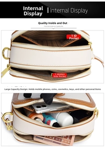 Detailed view of the multi-compartment interior with striped lining and dual zippers