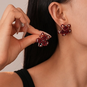 Vintage dark red rose earrings with pearls and crystals on silver needle for women