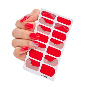 Minimalist red and nude dual-tone nail stickers with silver glitter lines AF-005