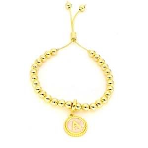Bracelet rétro en laiton avec curseur doré réglable et pendentif lettre A rose