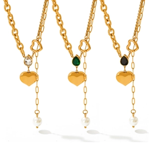 Gold stainless steel heart necklace with pearls and multi-color teardrop zircon charms