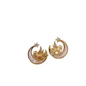 Elegant gold moon and horse stud earrings with resin zircon accents for women