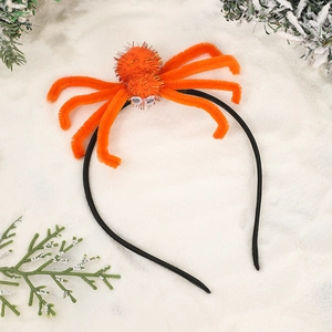 Detail of Halloween spider headband with orange plush, glitter sequins and black legs