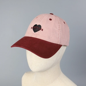 Pink and burgundy washed cotton baseball cap with heart embroidery and soft top style