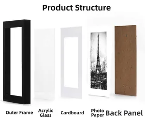 Exploded view showing black PVC frame parts with plexiglass and white matting