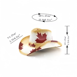 Detail view of woven straw cowboy hat with red maple leaf print and size measurements