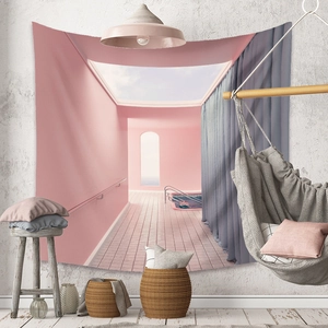 Detail of bohemian tapestry showing surreal pink hallway decor in a cozy room