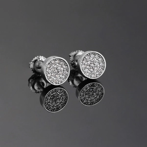 Hip hop silver-plated round stud earrings with pave-set zircon stones and screw-back posts