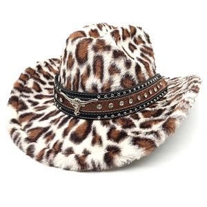 Leopard print plush western cowboy hat with studded bull head decor for men and women