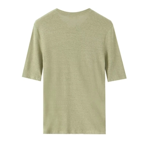 Close-up detail of olive green linen blend t-shirt fabric texture and neckline