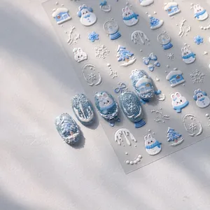 Adesivi per unghie 3D invernali con pupazzi di neve, conigli e pini satinati