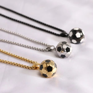 Soccer ball pendant necklace in gold silver and black finishes with durable box chain