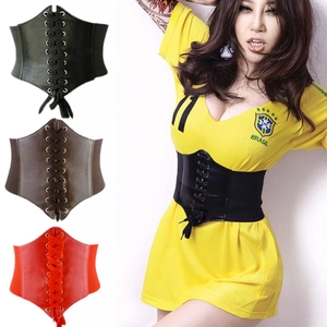 Elastic corset waist belt in black red and brown showing slim fit on female model