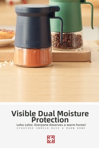 Detail view of seasoning bottles with airtight lids and built-in spoons on a wooden board