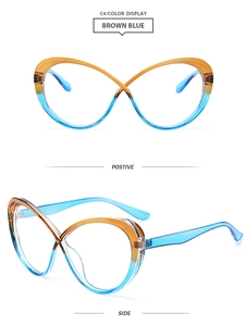 Detail of cat-eye TR90 frames with orange to blue gradient transparency and modern blue temples