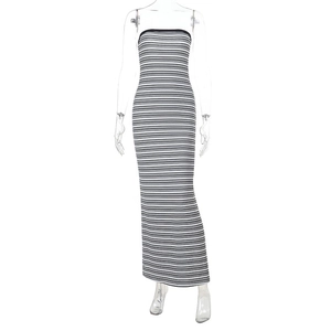 Detail view of the black and white horizontal stripe pattern on the slim fit tube dress