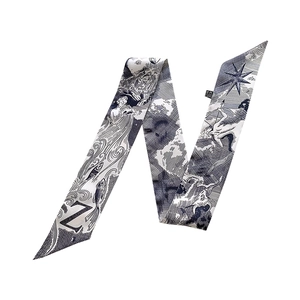 Elegant navy and white silk twilly scarf with mythological prints and letter Z detail