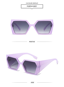 Front and side views of trendy purple hexagonal sunglasses with grey gradient lenses