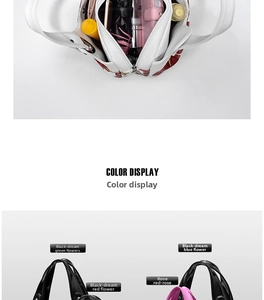 Detailed interior compartments of floral print handbags with various color patterns