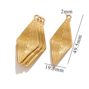 Detail view of gold rhombus pendant showing dimensions 19.5x49.5mm and textured metal finish