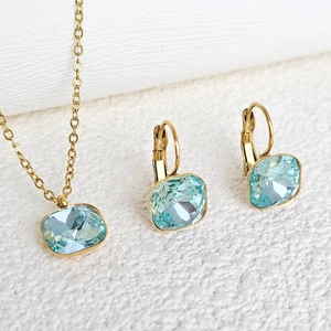 Detail of square light blue zircon necklace and earrings set in 304 stainless steel