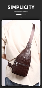 Detail of dark brown woven leather chest bag for men showing premium texture and style
