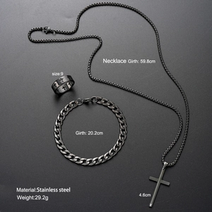 Black stainless steel jewelry set featuring cross pendant necklace, bracelet and ring