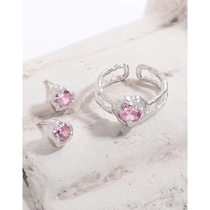 Minimalist S925 silver set with pink heart zirconia open ring and stud earrings