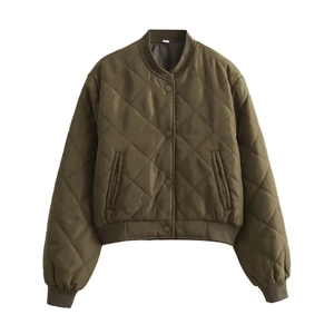 Olive green quilted bomber jacket with stand collar and ribbed trim for women