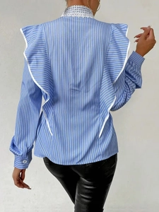 Blue and white striped shirt with lace collar and elegant back ruffle details