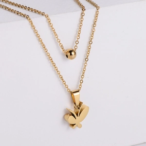 Elegant gold double-layer titanium necklace with bead and butterfly pendants