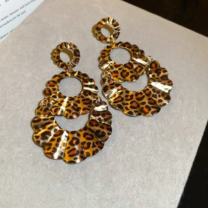 Detailed macro view of leopard print multi-layer hollow circular drop earrings
