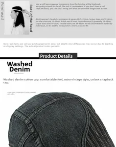 Détail du béret en denim délavé avec tour de tête réglable de 52-62 cm pour adultes