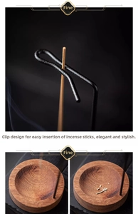 Zen style metal incense holder with a solid wood base and smoke details