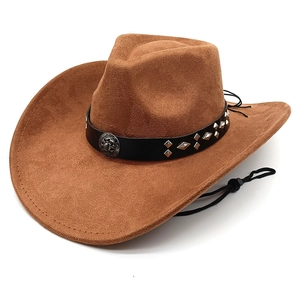 Brown faux suede western cowboy hat with studded leather band and adjustable chin strap