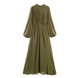 Elegant army green chiffon maxi dress with lantern sleeves and pleated waist detail