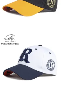Close-up of contrast stitching baseball cap with 3D R embroidery and round side patch