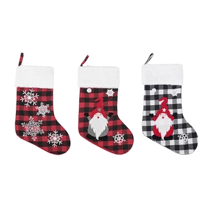 Set of 3 plaid Christmas stockings with gnome plush appliques and snowflake embroidery