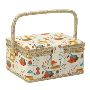 Floral fabric sewing basket with vintage patterns and handle for storage and organization