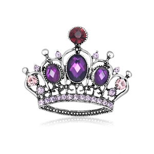 Elegant silver crown brooch pin featuring purple and pink crystal rhinestones on white background
