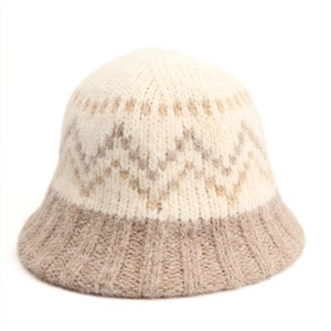 Detail of diamond pattern knit bucket hat showing fluffy texture and jacquard craft