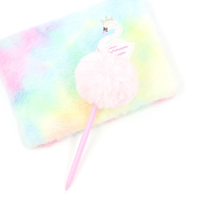Cute rainbow plush notebook and pink swan pom-pom pen set for girls stationery