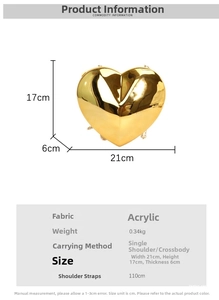 Detailed size specifications for heart-shaped acrylic clutch with chain strap details