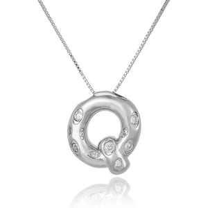 Detailed view of silver letter Q pendant with cubic zirconia on elegant box chain necklace