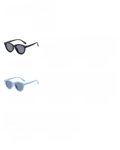 Detailed view of eight colorful children's sunglasses with grey lenses and plastic frames