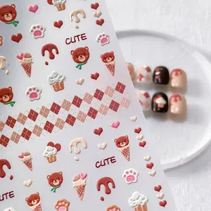 5D Embossed Nail Stickers Bear Ice Cream Hearts Kawaii Cartoon Relief DIY Decorative Decals For Women Girls