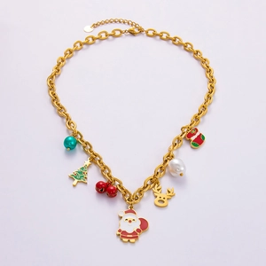 Golden Christmas necklace with enamel Santa, reindeer and tree pendants on a link chain
