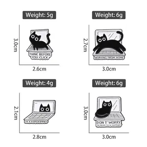 Set of 4 black cat laptop enamel pins with specific size and weight specifications