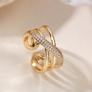 Adjustable multi-layer 18K gold plated ring with crisscross design and sparkling zircon